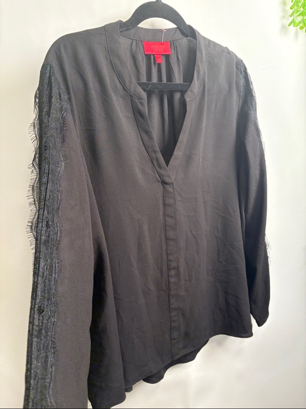 Jennifer Lopez Black V-Neck Long Sleeve Blouse with Fringe Sleeve Detail